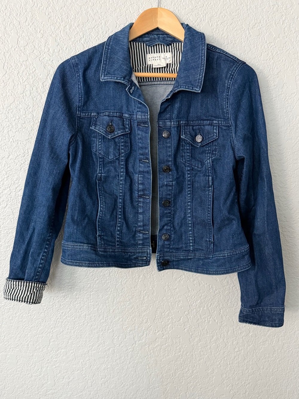 kate spade Brooke Street Dark Blue Denim Jacket with Striped Cuff Detail - Picture 2 of 5